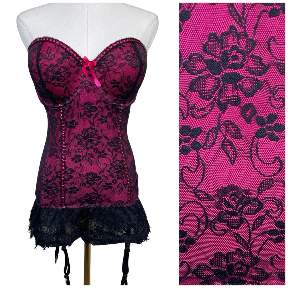 Baci Bustier Corset Top Womens 1X/2X Pink Black Lace Garter Straps Boudoir Goth